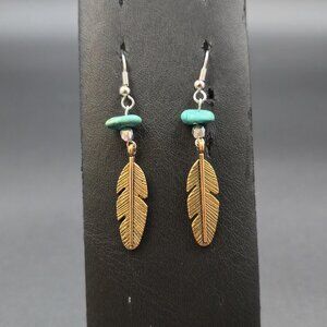 Silver Plated Turquoise Stone Brass Feather Earrings A6985